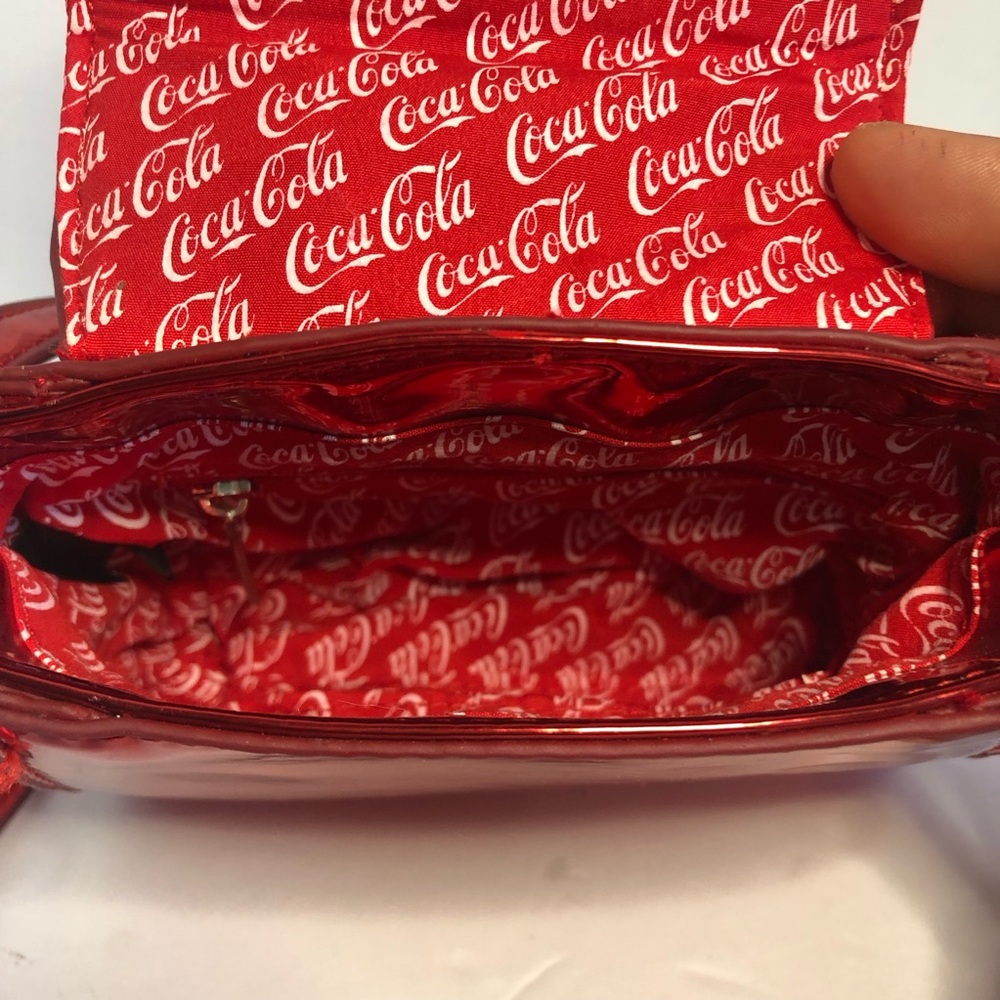 Skinny Dip Shiny Small Red Handbag. Coca-Cola Inner Lining. Magnet Closure. - Picture 9 of 9
